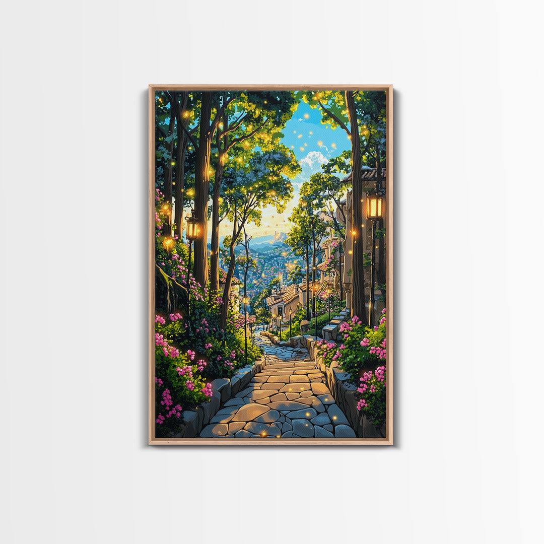 Glowing Forest Stairway Wall Art, Lantern Garden Path Canvas Print, Whimsical Coastal Village Decor For Living Room Gift