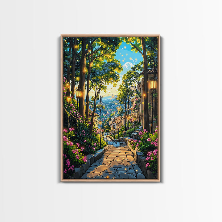 Glowing Forest Stairway Wall Art, Lantern Garden Path Canvas Print, Whimsical Coastal Village Decor For Living Room Gift