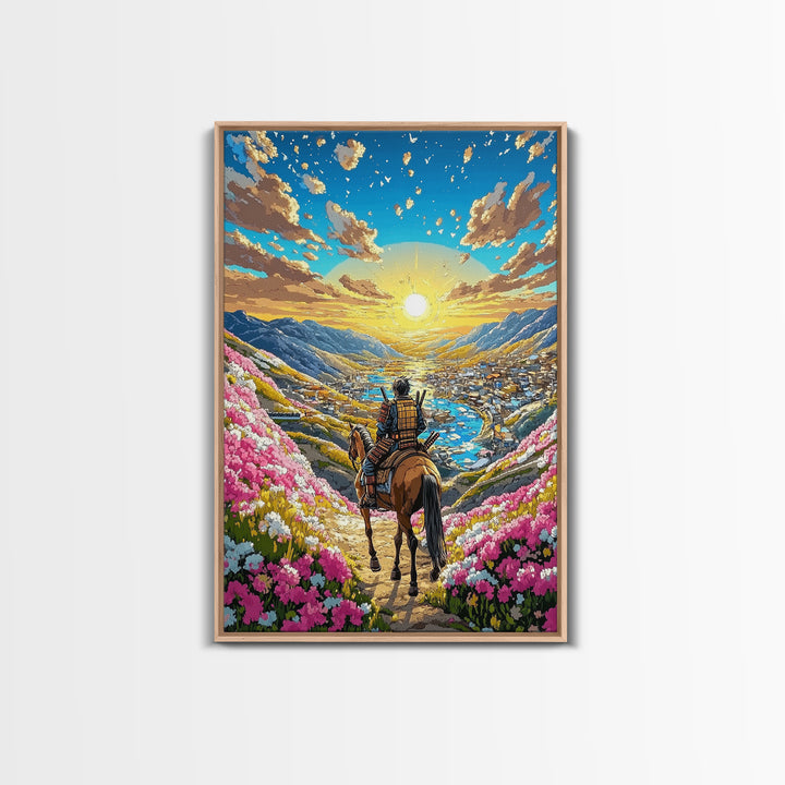 Horseback Warrior Valley Wall Art, Sunrise Mountain Landscape Canvas Print, Pink Flower Meadow Japanese Decor Gift For Home