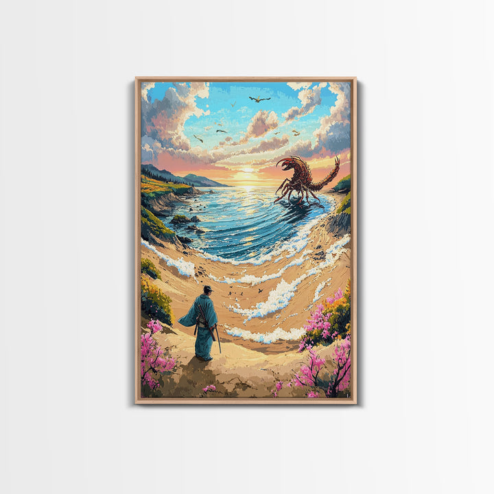 Giant Scorpion Seaside Wall Art, Samurai Beach Landscape Canvas Print, Fantasy Ocean Monster Japanese Decor Gift For Home