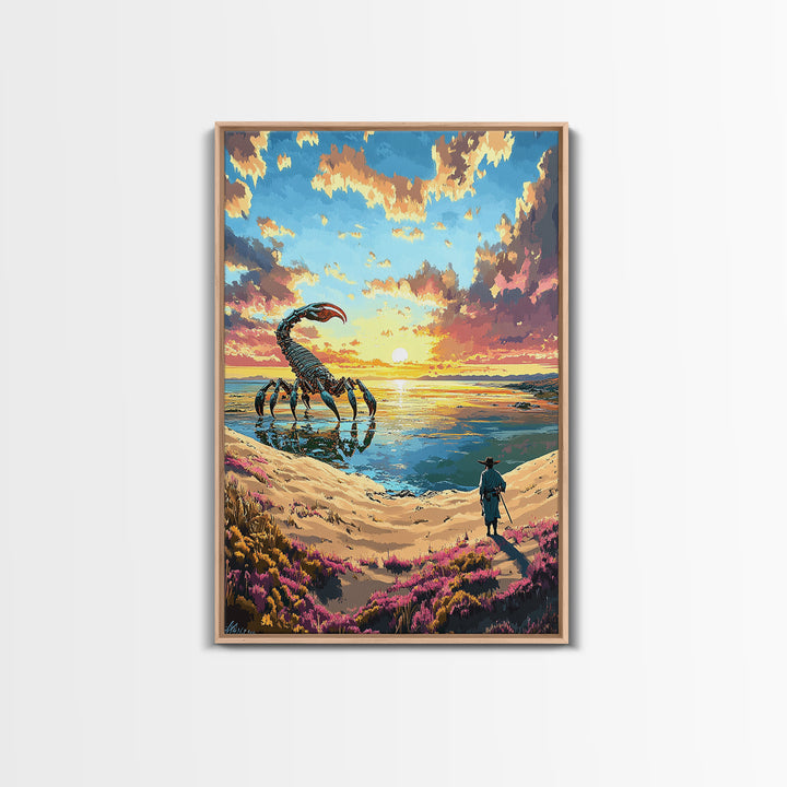 Giant Scorpion Beach Sunset Wall Art, Surreal Fantasy Landscape Canvas, Coastal Sci Fi Decor, Unique Gift For Him, Statement Artwork