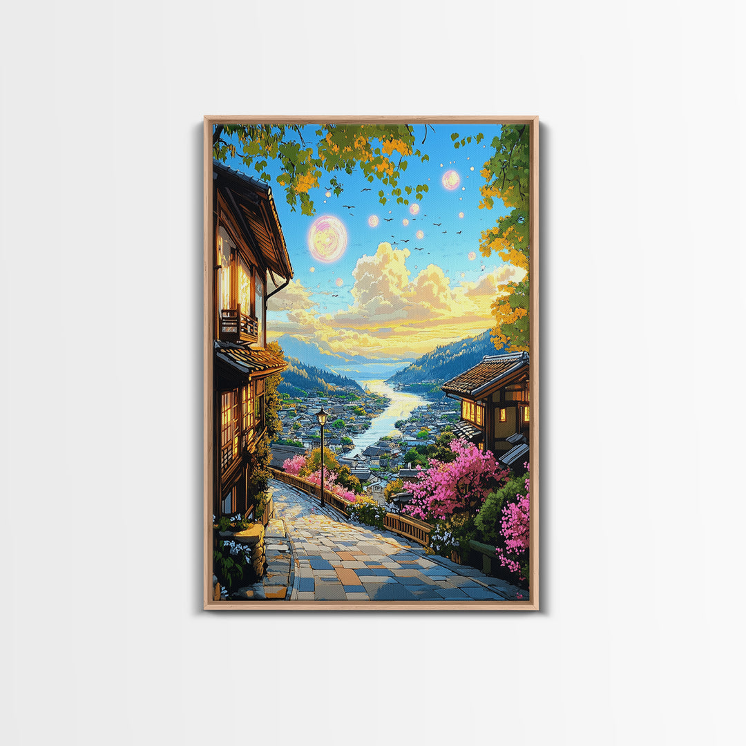 Magical Japanese Lakeside Village Canvas Print, Sunset Mountain Wall Decor, Cherry Blossom Art, Japandi Home Decor Gift Idea