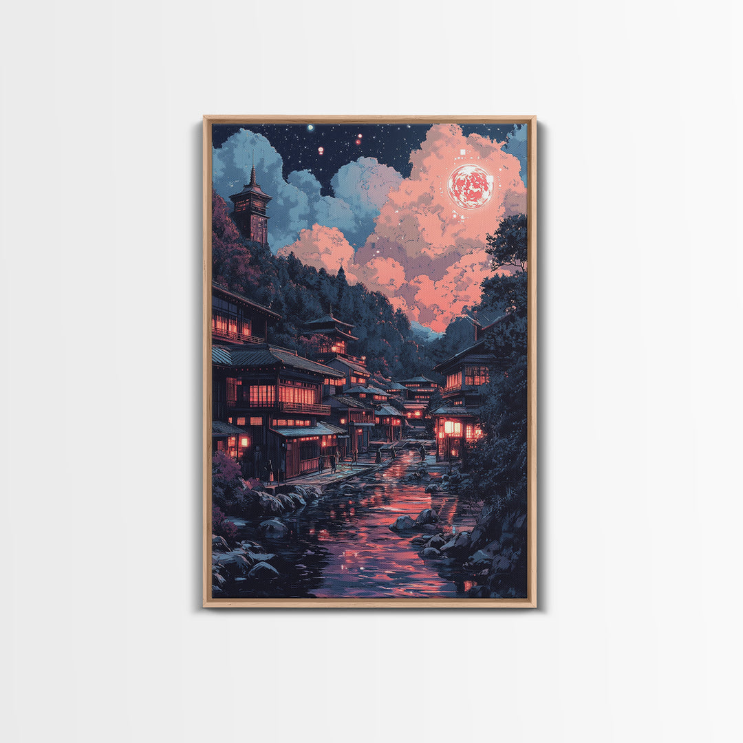 Red Moon Japanese River Village Wall Art, Night Lantern Landscape, Dark Academia Decor, Moody Fantasy Canvas Print For Living Room