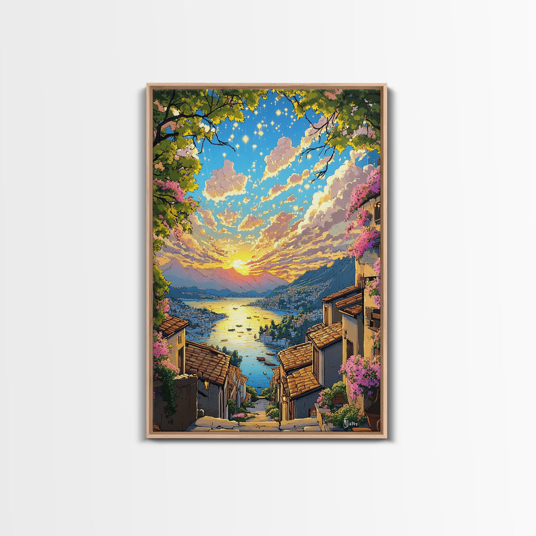 Italian Hillside Village Sunset Canvas Print, Coastal Lake Wall Art, Mediterranean Decor, Romantic Travel Poster Gift Idea
