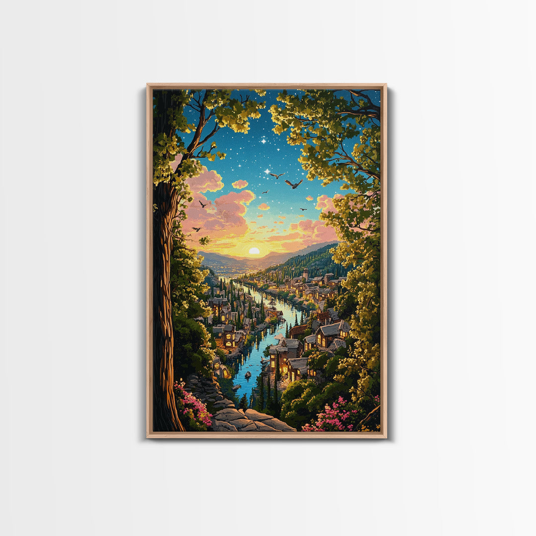 Sunset River City Through Forest Wall Art, Starry Landscape Canvas, Nature Decor, Cozy Living Room Art Print Gift For Her