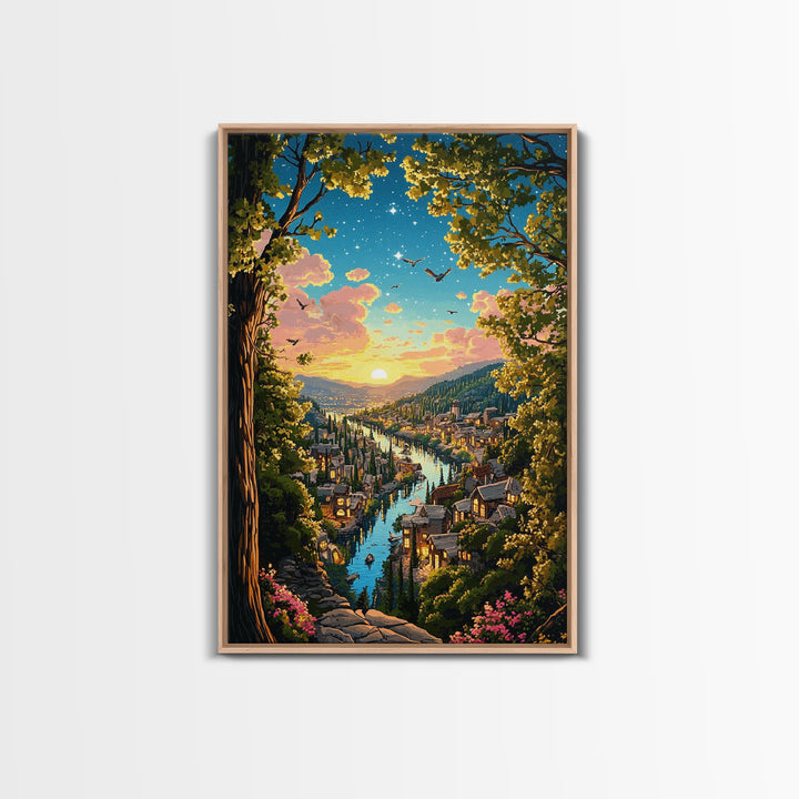 Sunset River City Through Forest Wall Art, Starry Landscape Canvas, Nature Decor, Cozy Living Room Art Print Gift For Her