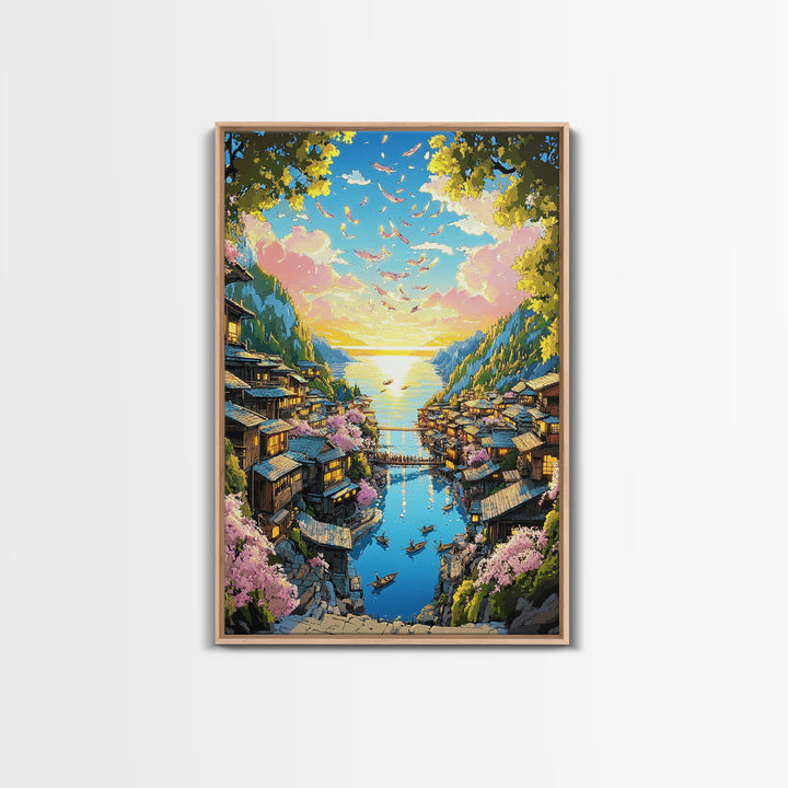 Cherry Blossom Coastal Village Canvas Print, Japanese Seascape Wall Art, Pink Floral Decor, Peaceful Travel Poster Gift Idea