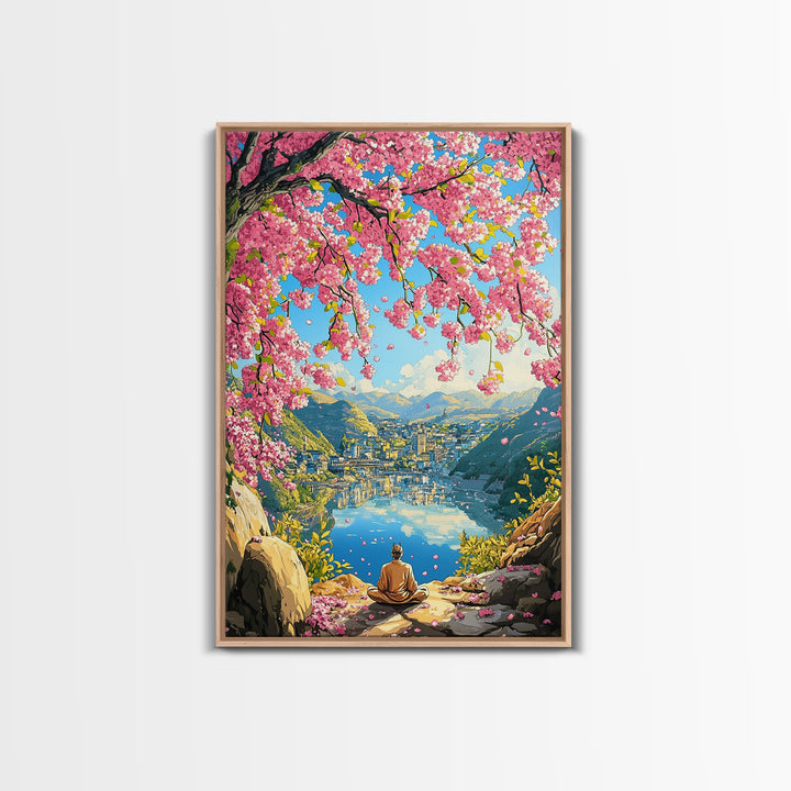 Cherry Blossom Lake Meditation Canvas Print, Japanese Mountain Wall Art, Spring Nature Decor, Peaceful Zen Gift For Her Idea