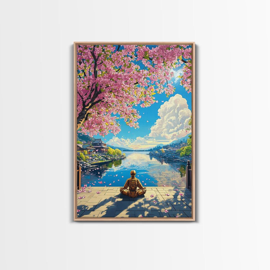Meditating Samurai Under Pink Cherry Blossoms Wall Art, Japanese Landscape Canvas, Zen Decor, Living Room Art Print, Home Decor