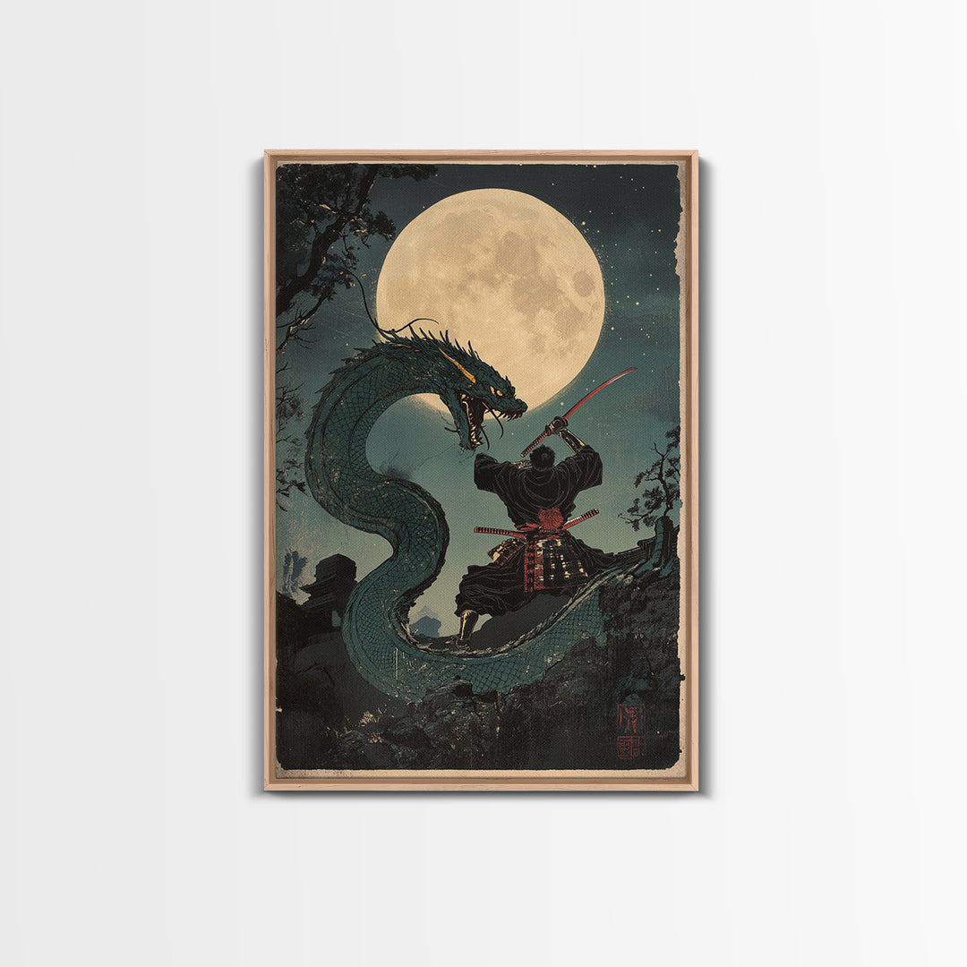Moon Dragon Duel With Armored Samurai Framed Canvas Print, Japanese Fantasy Wall Art, Dark Academia Decor, Gift For Him, Office Decor