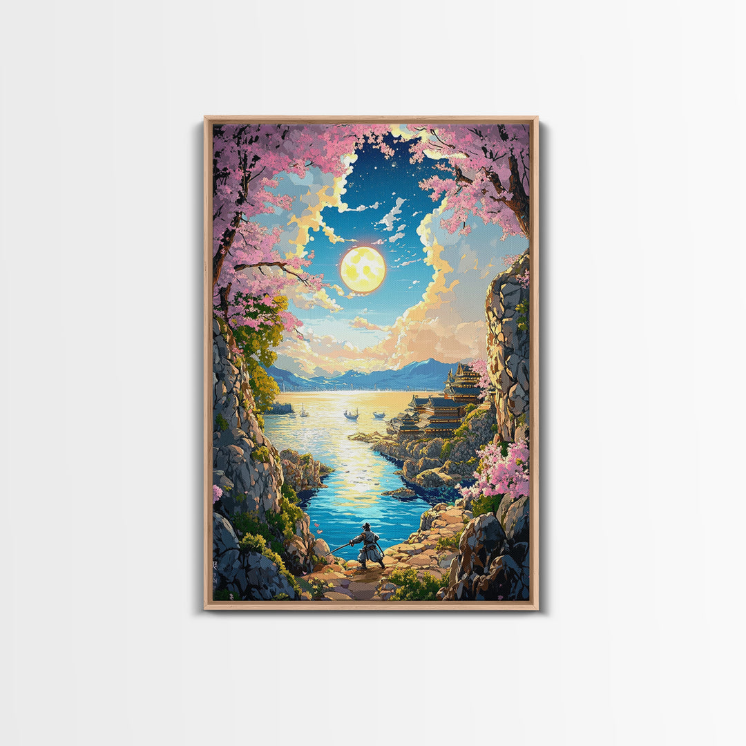 Moonlit Cherry Blossom Sea Cove Wall Art, Samurai Fantasy Landscape, Japanese Coastal Decor, Living Room Canvas Print, Home Decor