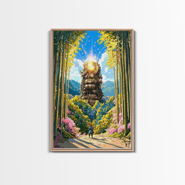 Glowing Samurai Tower In Bamboo Forest Wall Art, Japanese Fantasy Landscape, Asian Inspired Art Canvas Print, Living Room Decor