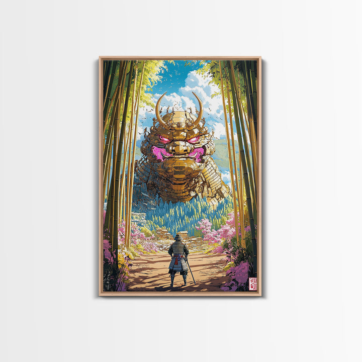 Giant Golden Samurai Mask In Bamboo Grove Framed Canvas Print, Japanese Warrior Wall Art, Fantasy Decor, Gift For Him, Office Decor