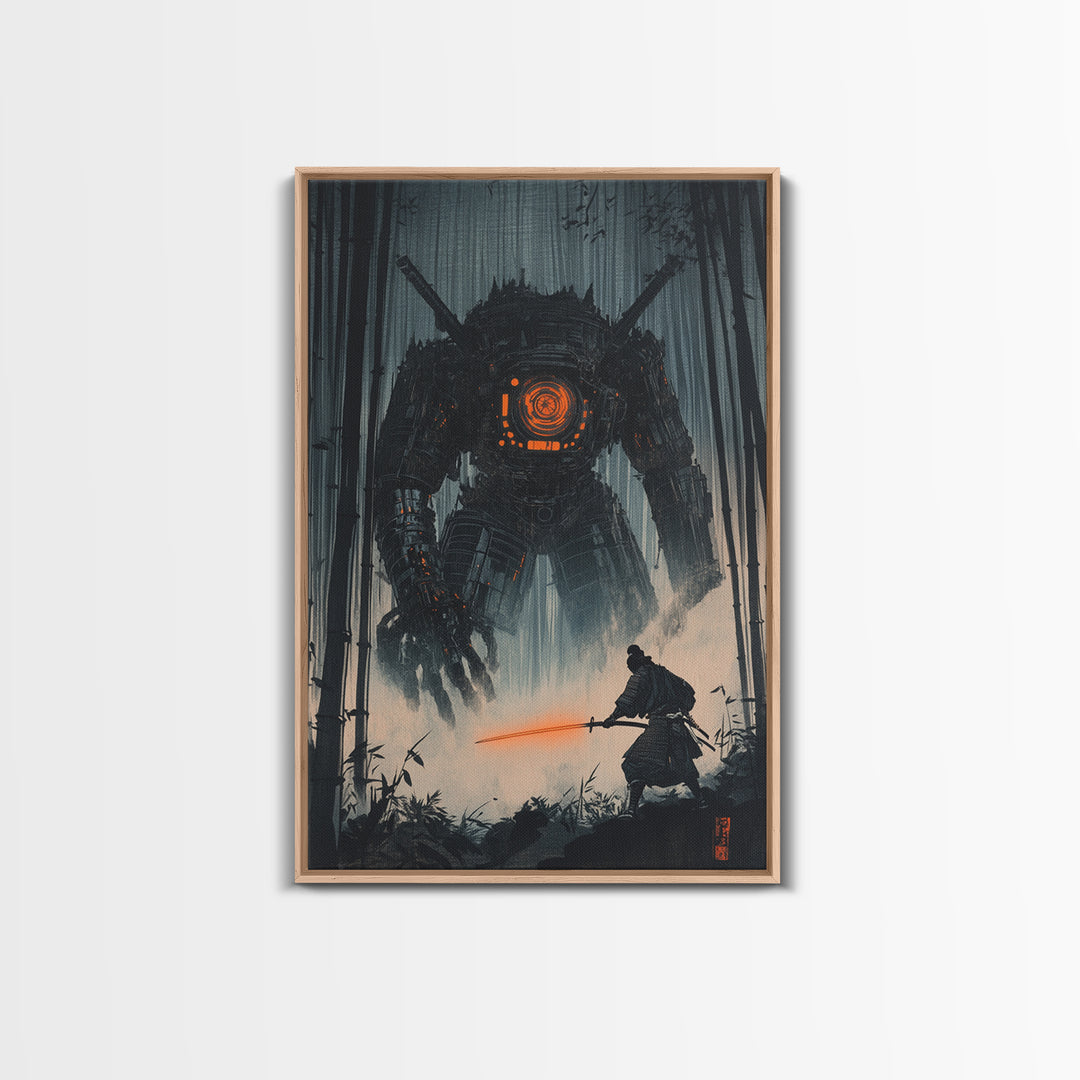 Dark Samurai Facing Giant Mech Wall Art, Cyberpunk Japanese Bamboo Forest, Neon Sword Framed Canvas Print, Office Wall Decor