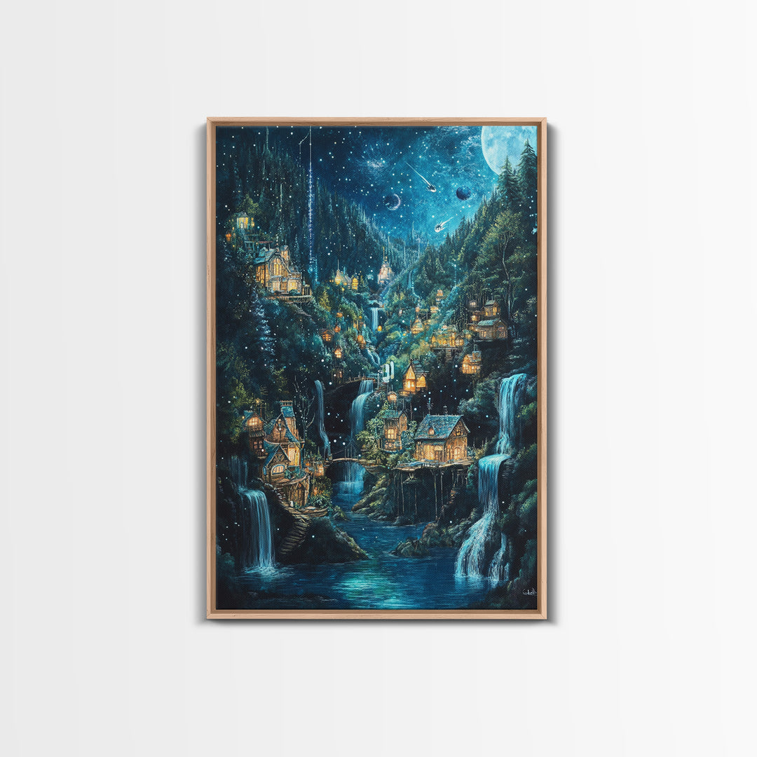 Starry Waterfall Village In Enchanted Forest Canvas Print, Fantasy Wall Art, Magical Cabin Decor, Cozy Living Room Decor