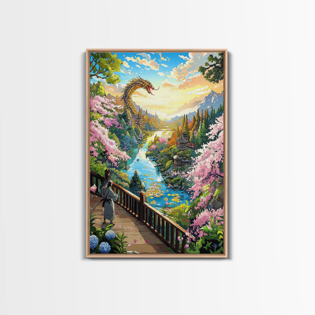 Golden Dragon Above Cherry Blossom Valley Wall Art, Japanese Fantasy Landscape, River Mountain Canvas Print, Zen Home Decor