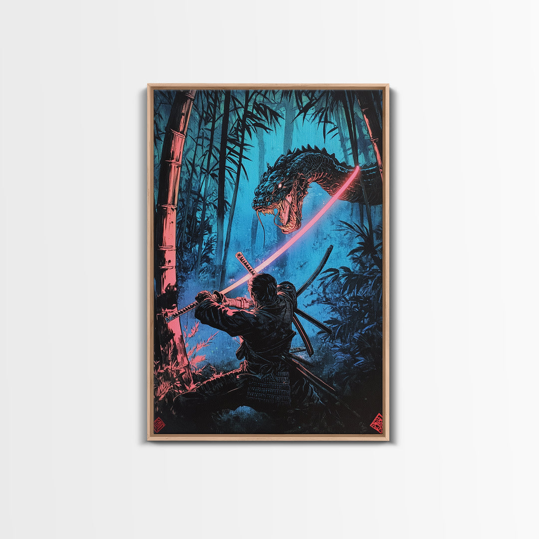 Neon Samurai Battling Serpent Dragon Wall Art, Cyberpunk Japanese Bamboo Forest, Dark Fantasy Framed Canvas Print, Office Decor