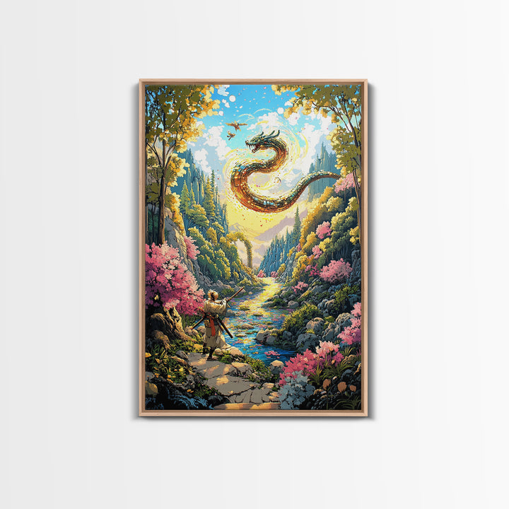 Warrior And Golden Dragon Mountain River Wall Art, Japanese Fantasy Canvas Print, Samurai Decor, Cherry Blossom Landscape