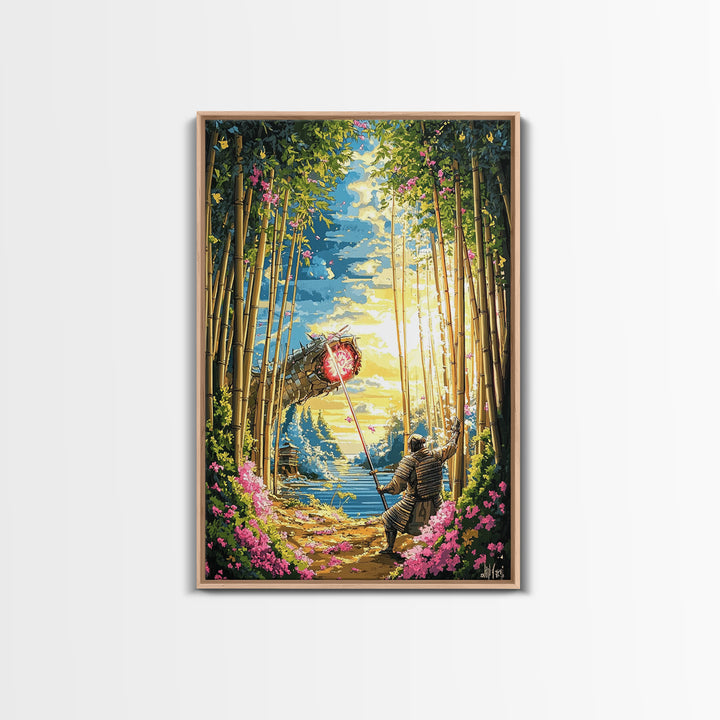Samurai Banner In Bamboo Forest Wall Art, Japanese Warrior Canvas Print, Cherry Blossom Decor, Fantasy Landscape Poster Art