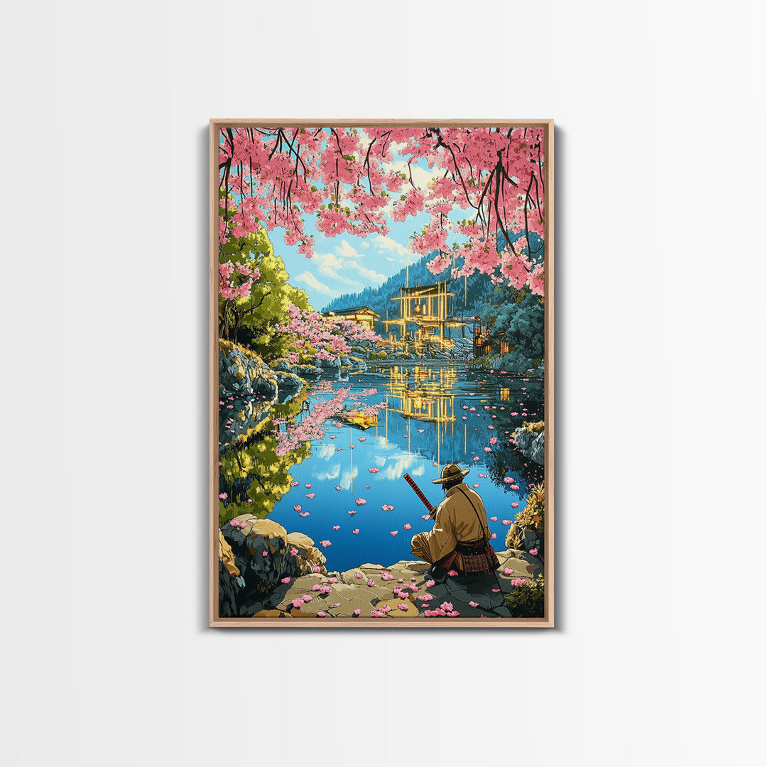 Seated Samurai At Cherry Blossom Lake Wall Art, Japanese Garden Canvas Print, Torii Reflection Decor, Peaceful Landscape