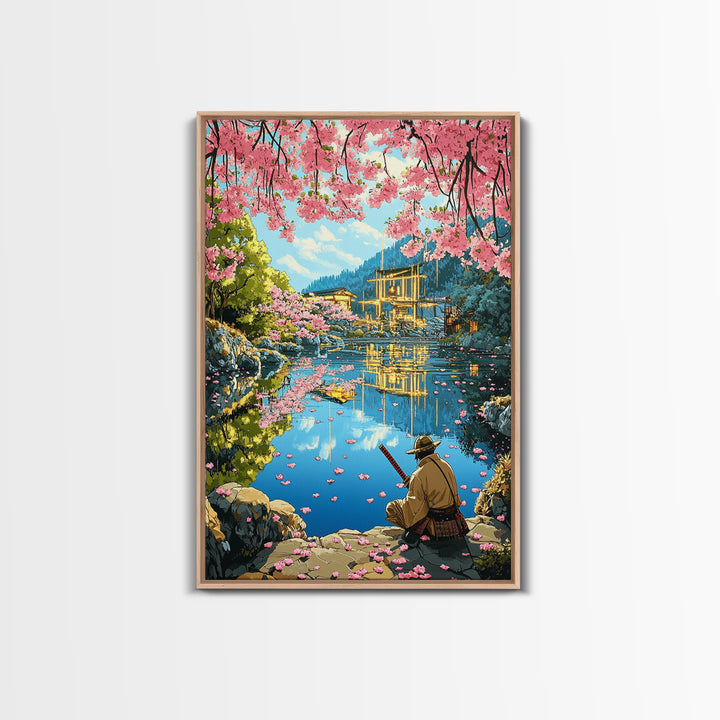 Seated Samurai At Cherry Blossom Lake Wall Art, Japanese Garden Canvas Print, Torii Reflection Decor, Peaceful Landscape