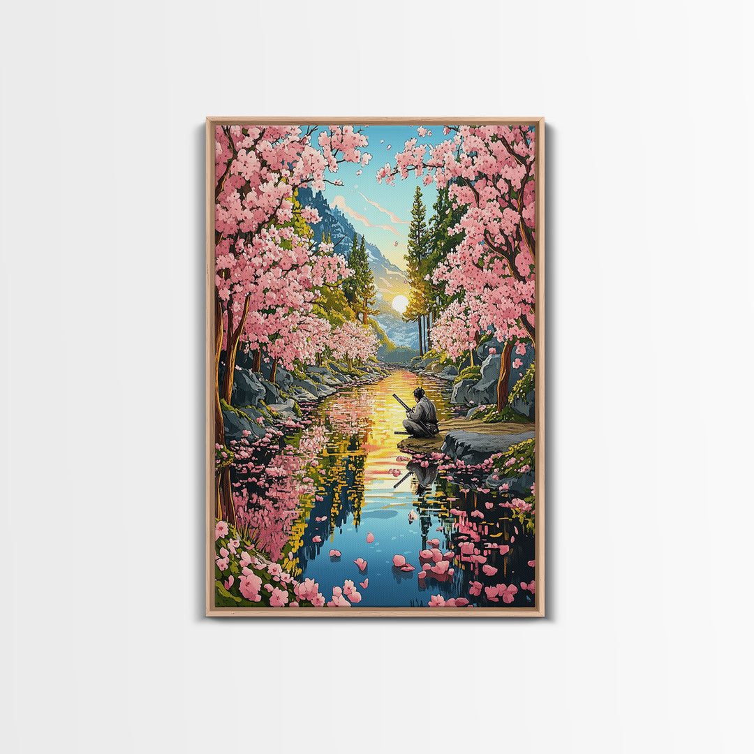 Samurai Meditation Beside Cherry River Wall Art, Japanese Landscape Canvas Print, Sakura Sunset Decor, Mountain Reflection
