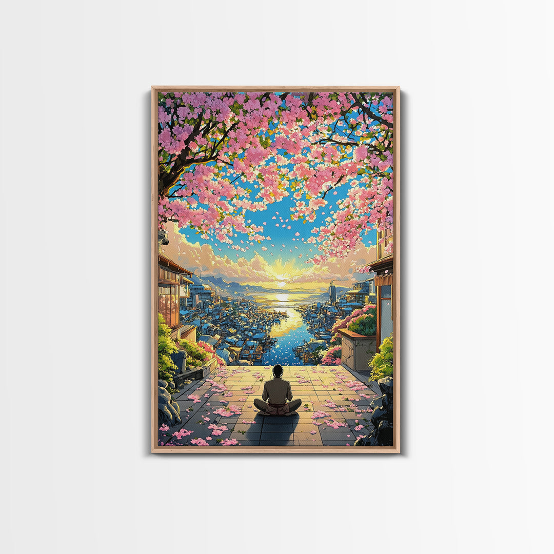 Meditation Over Cherry Blossom Harbor Wall Art, Japanese Coastal Canvas Print, Sakura Cityscape Decor, Peaceful Sunset Art