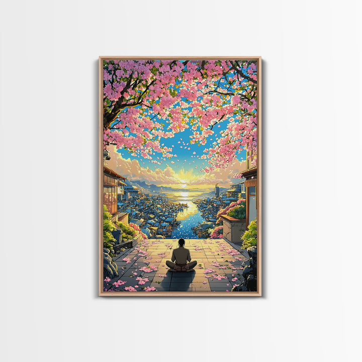 Meditation Over Cherry Blossom Harbor Wall Art, Japanese Coastal Canvas Print, Sakura Cityscape Decor, Peaceful Sunset Art