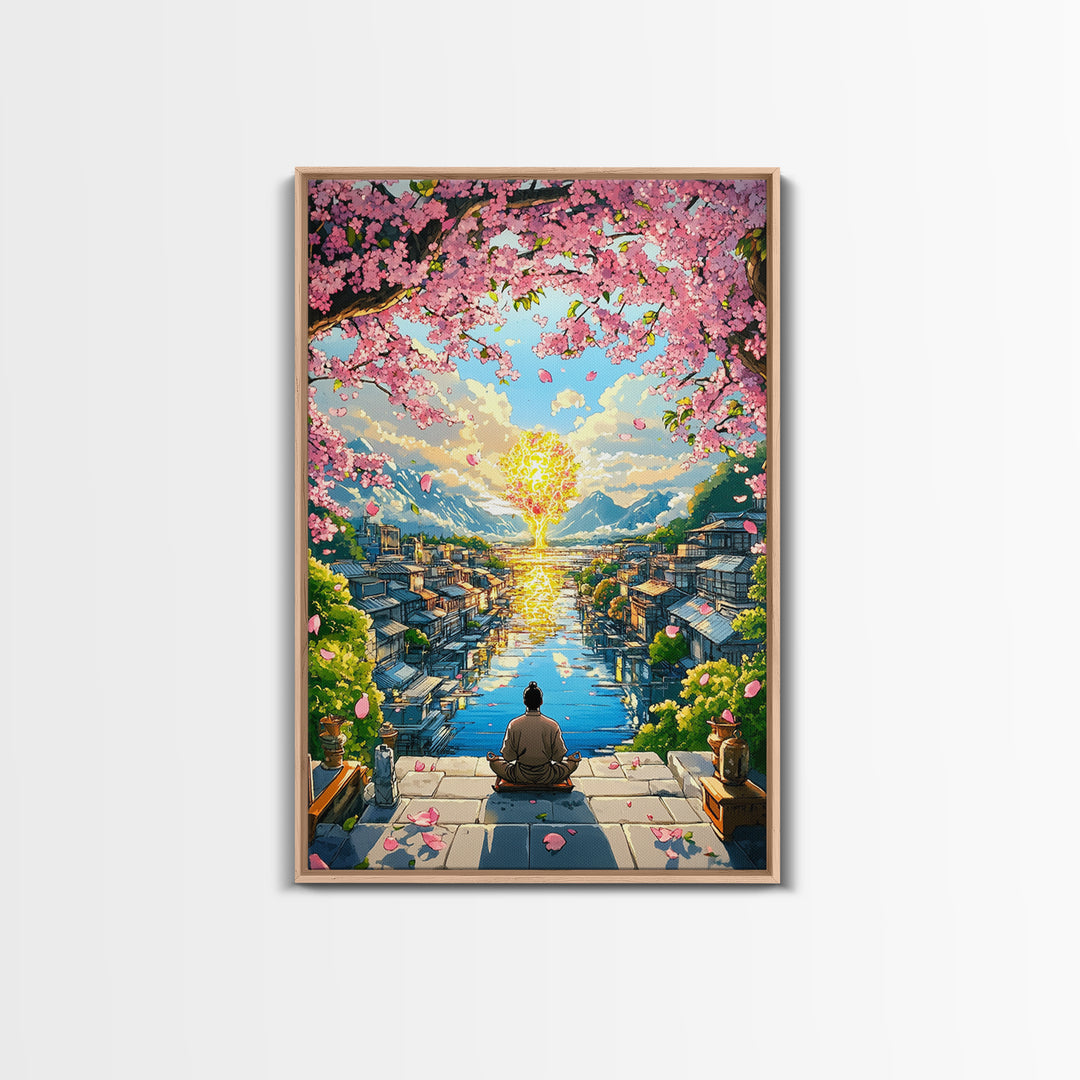 Meditating Figure Beneath Golden Tree Wall Art, Cherry Blossom Canvas Print, Japanese Canal City Decor, Spiritual Landscape