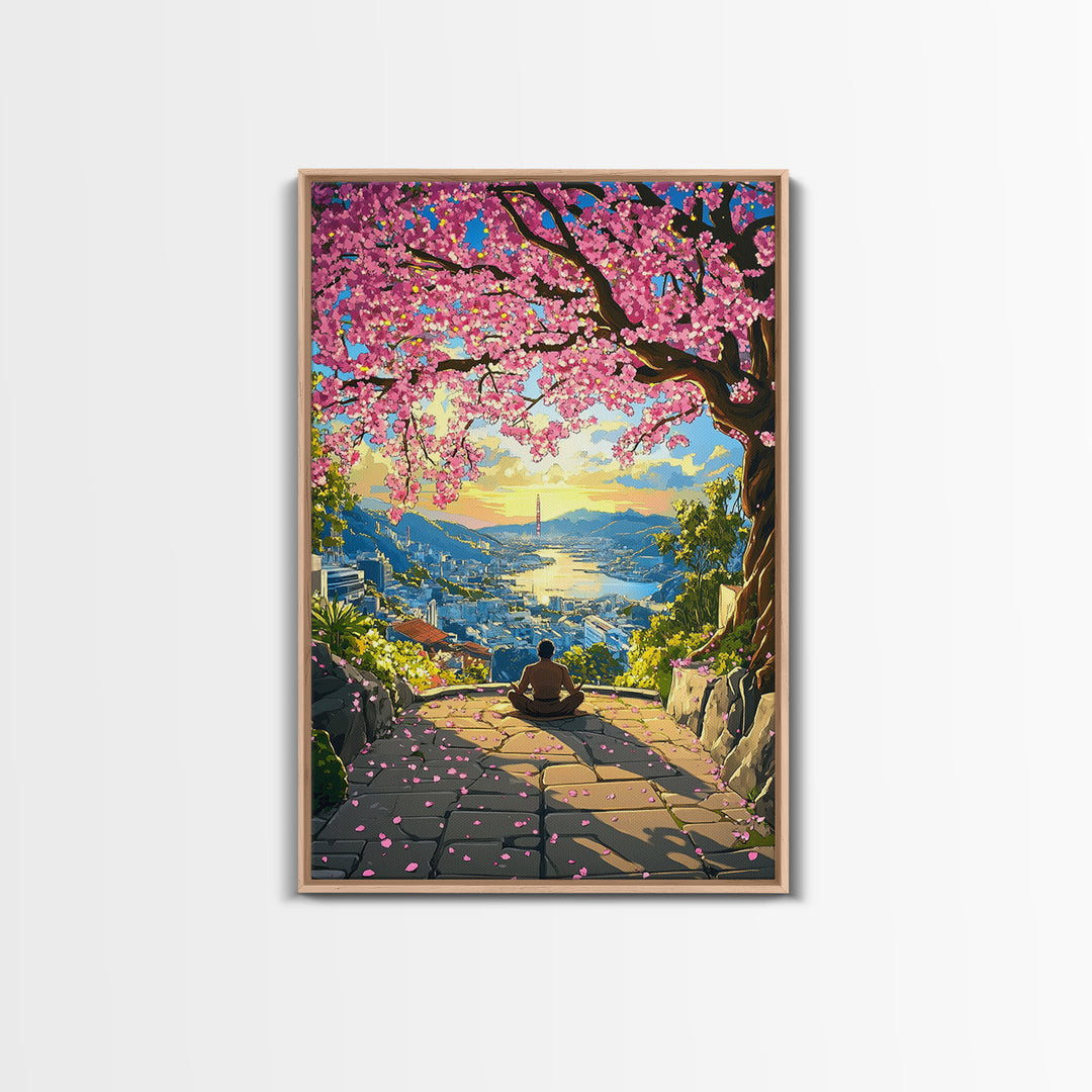 Sunset Cherry Blossom Bay Wall Art, Japanese Landscape Painting, Zen Meditation Decor, Colorful Coastal Living Room Print