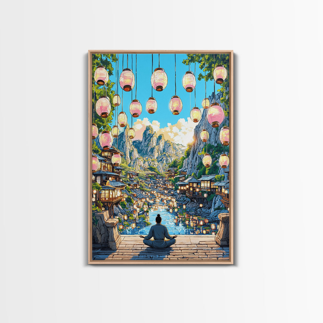 Lantern Mountain Village Canvas Print, Japanese Fantasy Landscape Art, Glowing River Decor, Zen Living Room Wall Art Gift