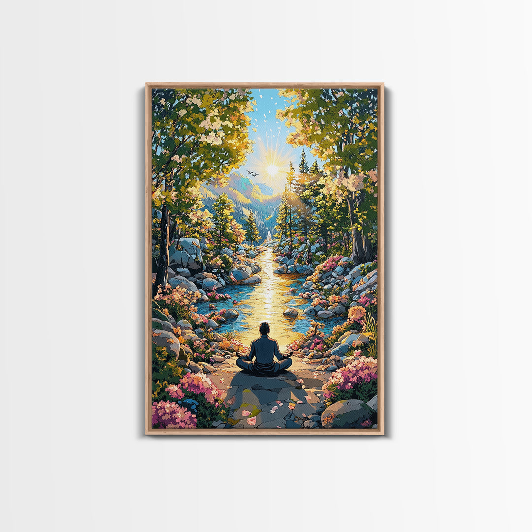 Golden Mountain River Meditation Canvas Print, Sunlit Nature Wall Art, Peaceful Zen Decor, Calming Living Room Art, Housewarming Gift