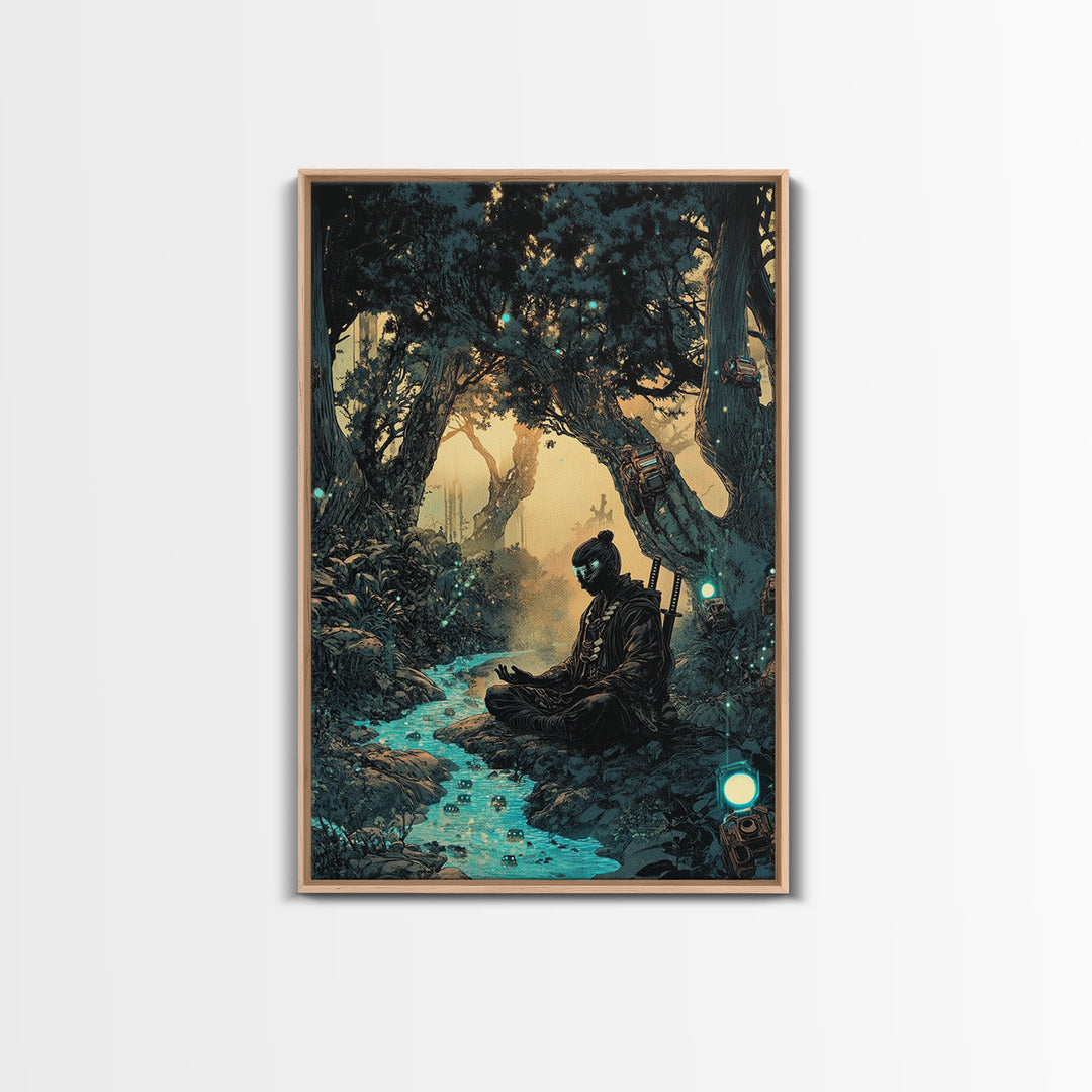 Meditating Samurai In Glowing Forest Stream Wall Art, Japanese Zen Decor, Fantasy Landscape Print, Moody Office Decor Gift