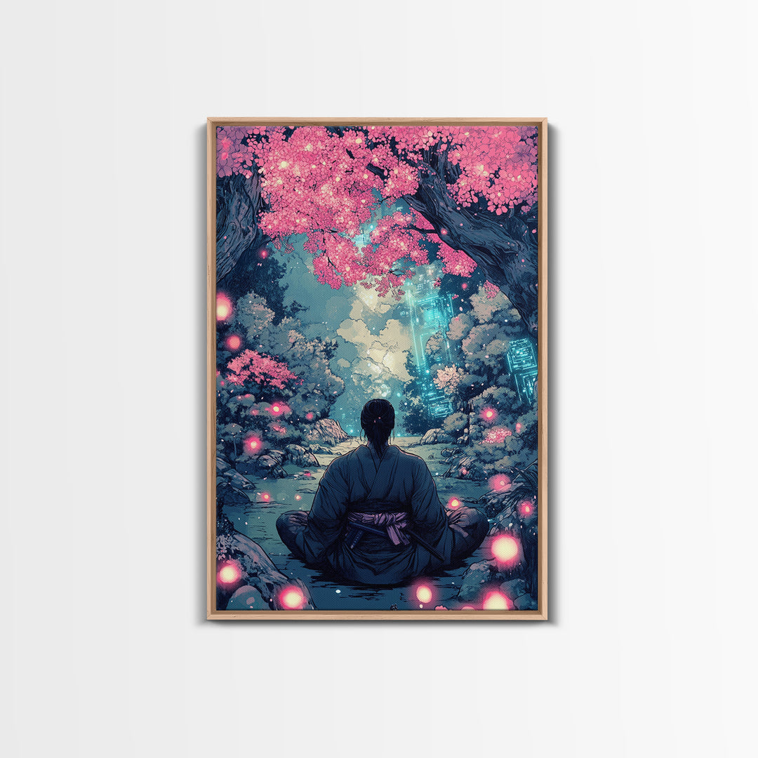 Mystical Samurai Under Pink Blossom Trees Wall Art, Japanese Fantasy Decor, Cyberpunk Zen Print, Moody Bedroom Wall Decor