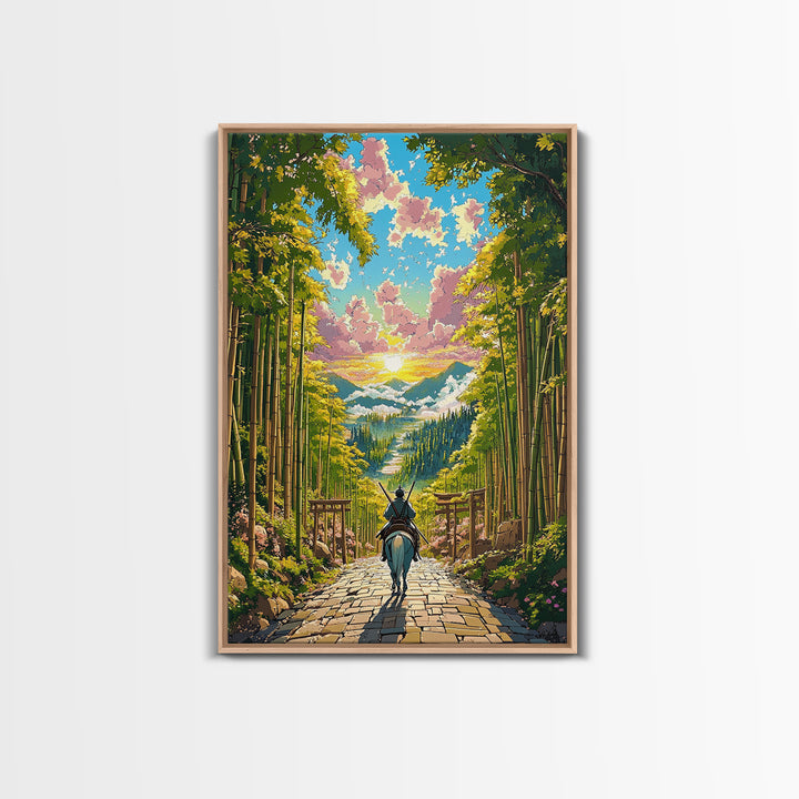 Samurai Rider On Bamboo Path At Sunset Framed Canvas Print, Japanese Landscape Wall Art, Zen Nature Home Decor, Gift For Her