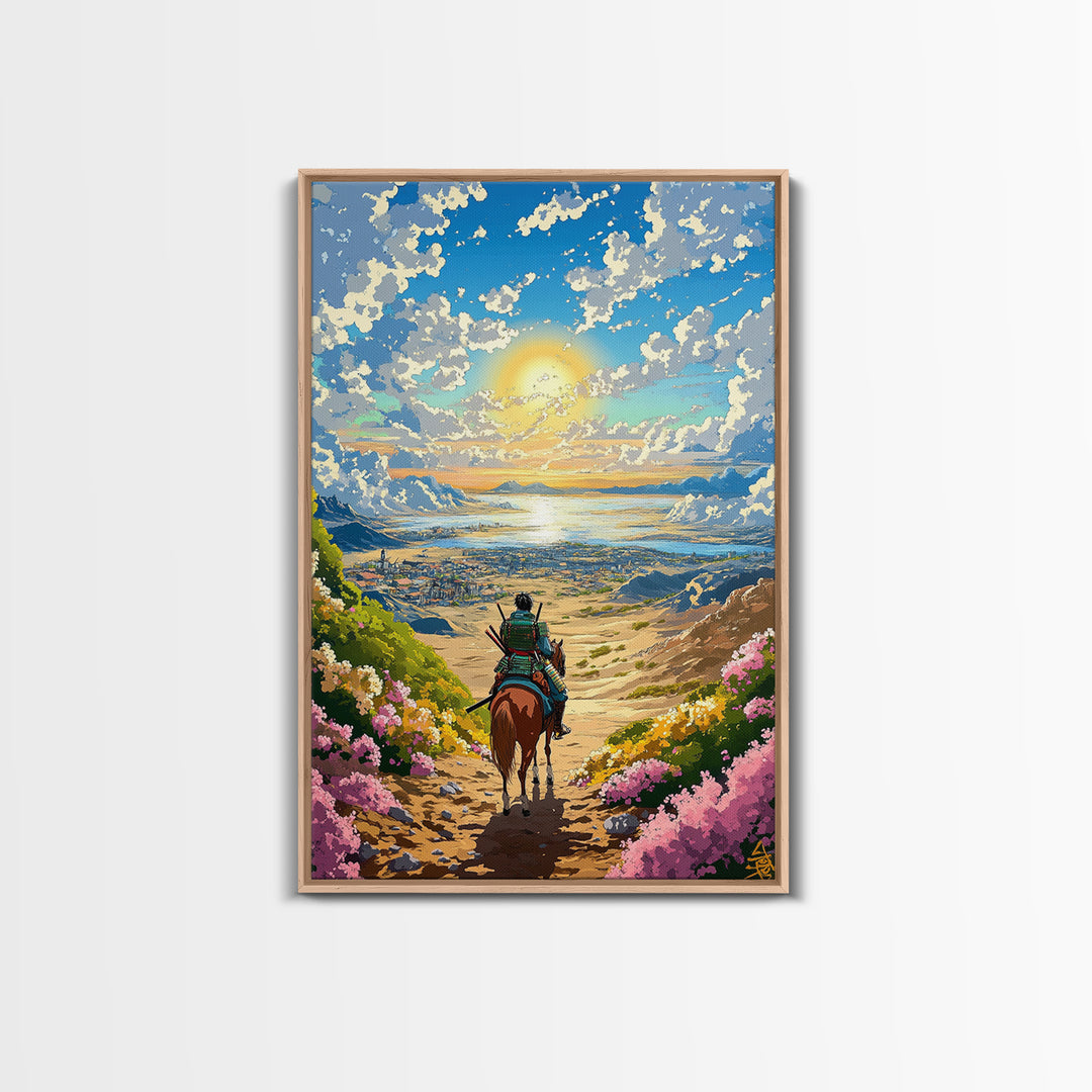 Samurai Rider Above Sunlit Ocean Valley Canvas Print, Japanese Landscape Wall Art, Coastal Mountain Decor, Colorful Print