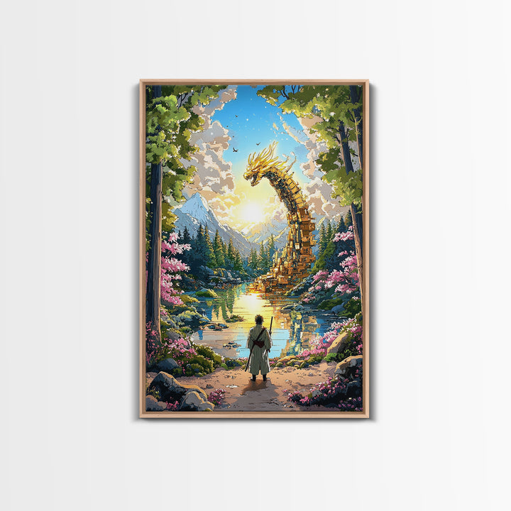 Golden Dragon Over Mountain Lake Canvas Print, Japanese Fantasy Art, Cherry Blossom Wall Decor, Samurai Living Room Art Print