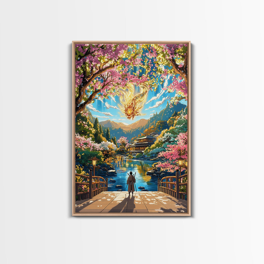 Glowing Dragon Above Cherry Blossom River Framed Canvas Print, Japanese Garden Wall Art, Colorful Fantasy Home Decor Print