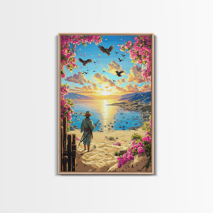 Samurai On Sunny Flower Framed Beach Canvas Print, Coastal Wall Art, Tropical Sunset Poster, Beach House Living Room Decor