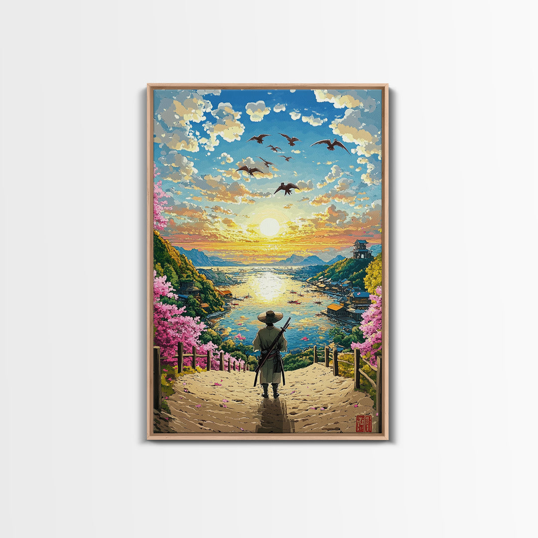Samurai Overlooking Golden Coastal Village Wall Art, Japanese Seascape Print, Cherry Blossom Decor, Serene Living Room Art