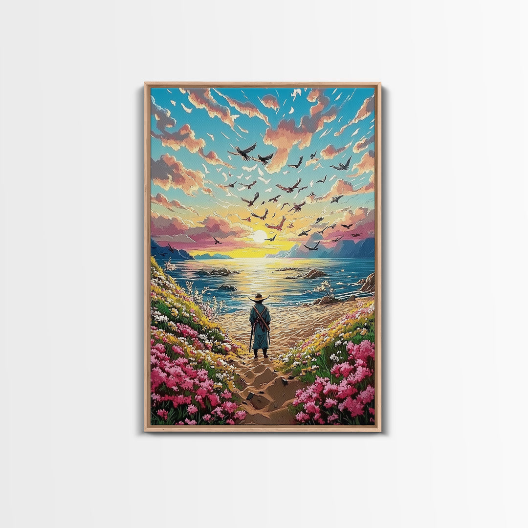 Lone Traveler On Wildflower Seaside Path Canvas Print, Coastal Sunset Wall Art, Ocean Landscape Decor, Beach House Print