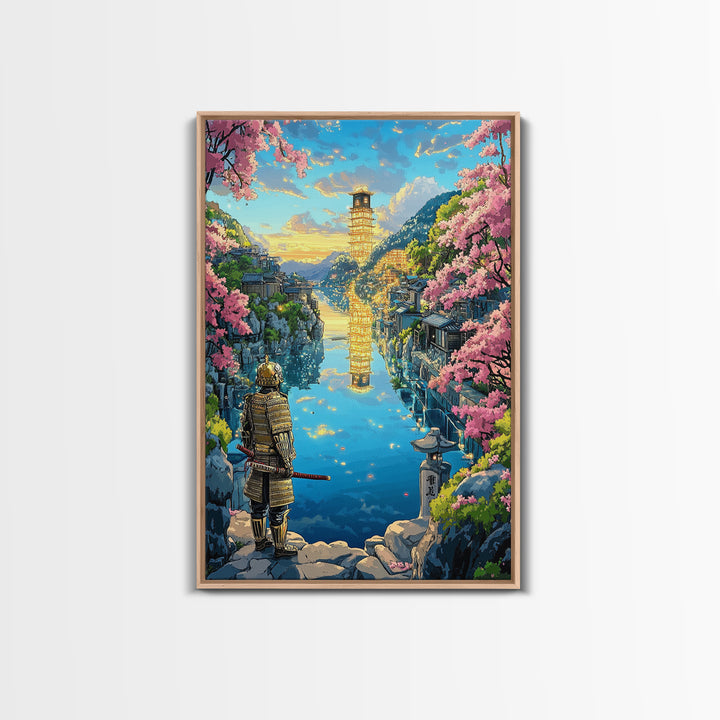 Samurai Overlooking Golden Pagoda Lake Wall Art, Japanese Cherry Blossom Canvas Print, Fantasy Landscape Home Decor Gift