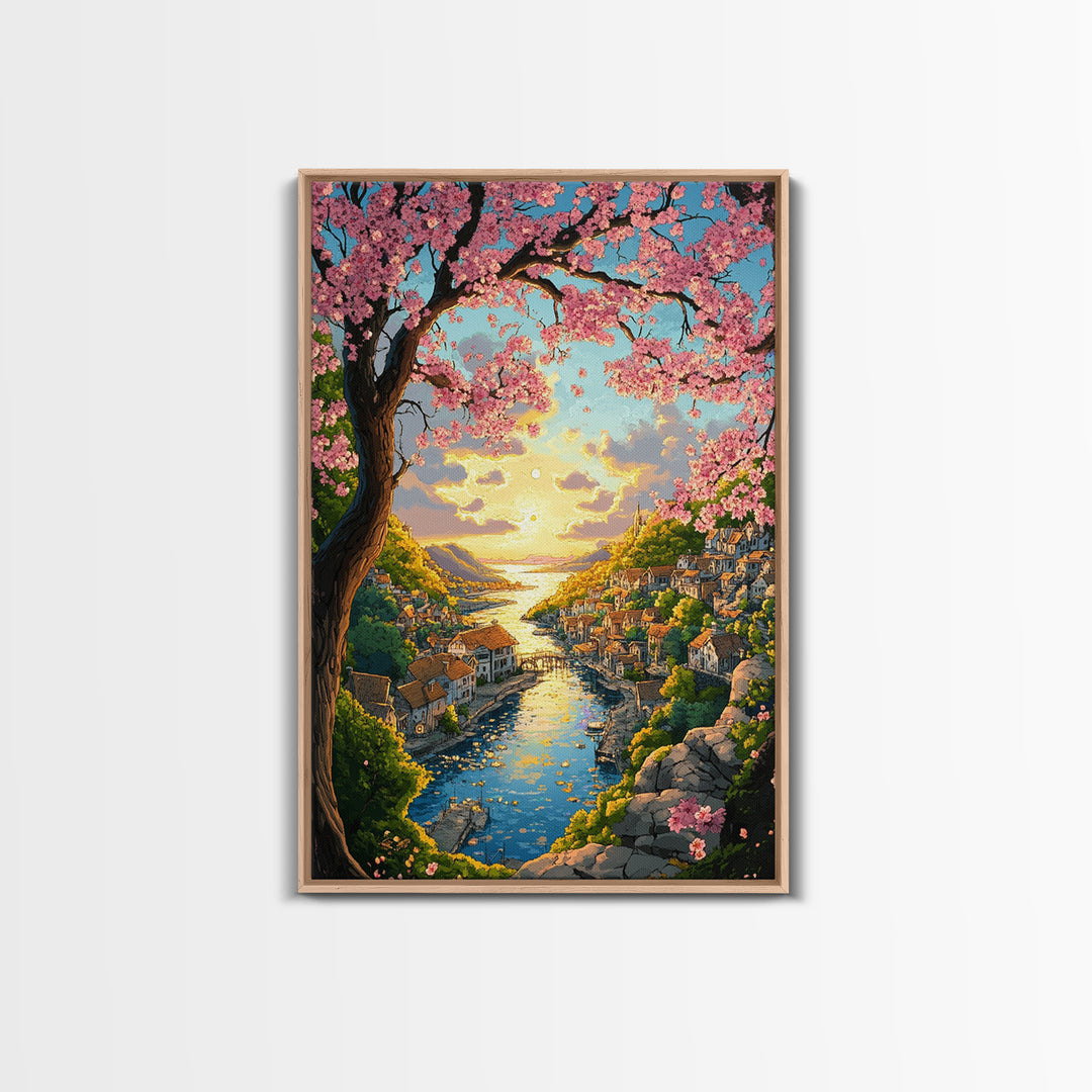 Cherry Blossom River Village Wall Art, Coastal Sunset Canvas Print, Japanese Landscape Art Print For Living Room Decor Gift