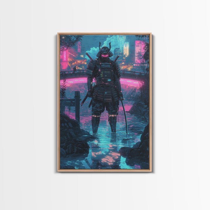 Neon Cyberpunk Samurai In Rain Wall Art, Futuristic City Canvas Print, Japanese Warrior Gaming Room Decor Gift For Him Poster