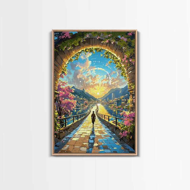Sunlit Archway Over Canal Wall Art, Japanese Fantasy Canvas Print, Cherry Blossom Landscape Above Bed Decor Gift For Her