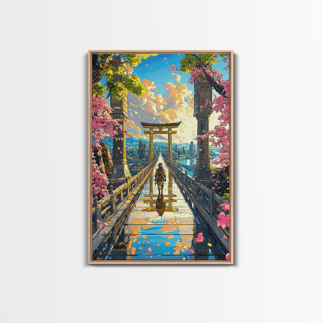 Samurai Crossing Torii Bridge Wall Art, Japanese Cherry Blossom Canvas Print, Scenic City Landscape Home Decor Gift For Her