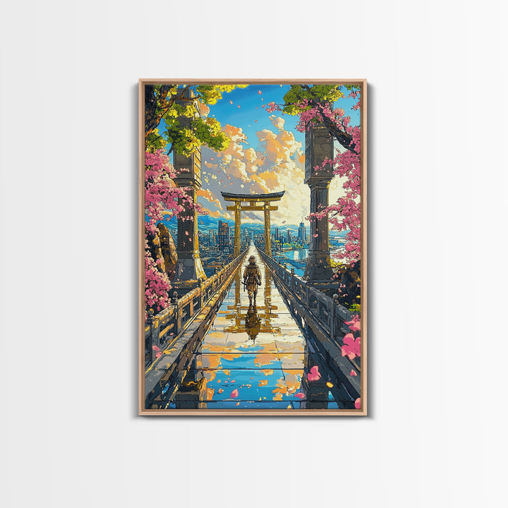 Samurai Crossing Torii Bridge Wall Art, Japanese Cherry Blossom Canvas Print, Scenic City Landscape Home Decor Gift For Her