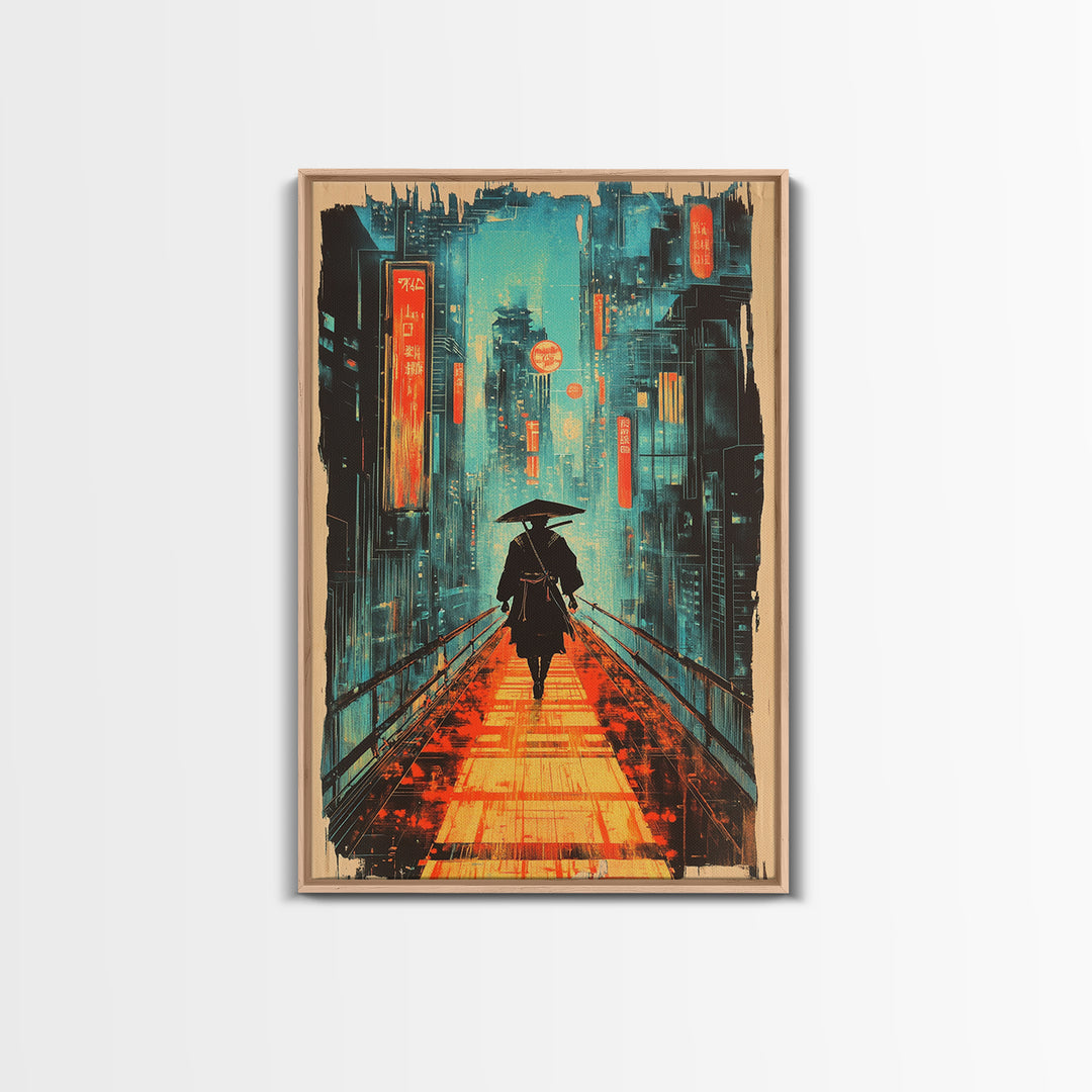 Lone Samurai With Umbrella Wall Art, Neon Cyberpunk City Canvas Print, Japanese Rainy Night Poster Home Office Decor Gift