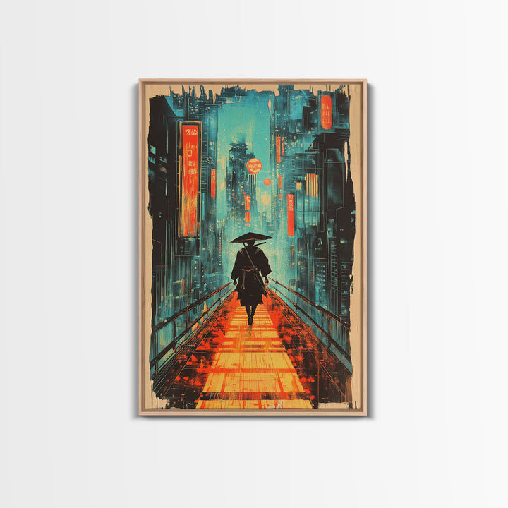 Lone Samurai With Umbrella Wall Art, Neon Cyberpunk City Canvas Print, Japanese Rainy Night Poster Home Office Decor Gift