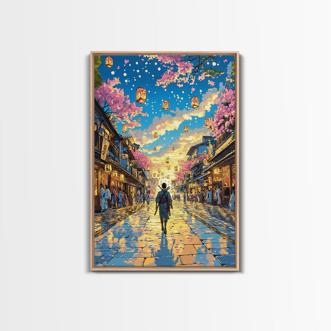 Samurai Lantern Festival Street Wall Art, Japanese Cherry Blossom Canvas Print, Colorful Anime Inspired Home Decor Gift Print